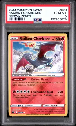 2023 POKEMON SWORD & SHIELD CROWN ZENITH #020 RADIANT CHARIZARD PSA 10 - Image 1