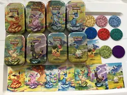 Pokemon Lot of 8 EMPTY Mini Tins With Art Cards And Coins - Image 1