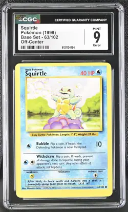 CGC 9 MINT Squirtle OC OFF-CENTER ERROR 1999 Base Set 63/102 Pokemon Card - Image 1
