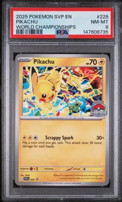 2025 POKEMON SVP EN-SV BLACK STAR PROMO WORLD CHAMPIONSHIPS #225 PIKACHU PSA 8 - Image 1
