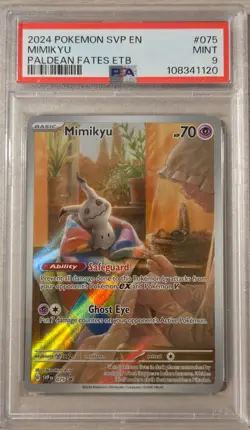PSA 9 Mimikyu SVP 075 Paldean Fates ETB Promo Pokemon Card - Image 1
