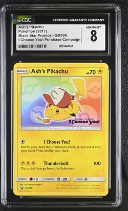 CGC 8 ASH'S PIKACHU SM108 BLACK STAR PROMO I CHOOSE YOU POKEMON NM/ MINT - Image 1