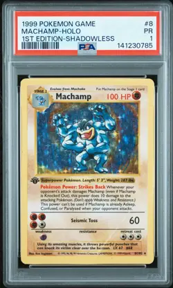 Pokemon TCG Machamp 1st Edition Shadowless Holo 1999 Base Set 8/102 PSA 1 - Image 1