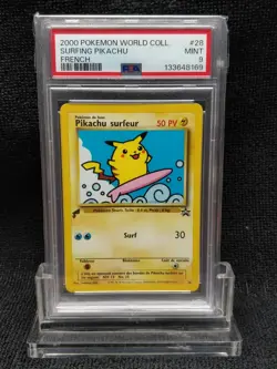 Surfing Pikachu 28 World Collection FRENCH Promo Pokemon Card 2000 WOTC PSA 9 - Image 3