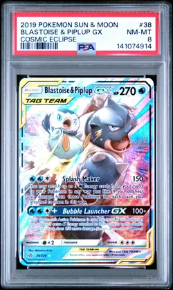2019 POKEMON SUN & MOON COSMIC ECLIPSE #38 BLASTOISE & PIPLUP GX PSA 8 - Image 1