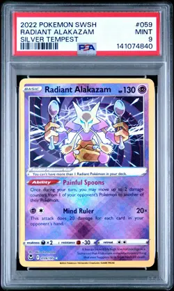 2022 POKEMON SWORD & SHIELD SILVER TEMPEST #059 RADIANT ALAKAZAM PSA 9 - Image 1