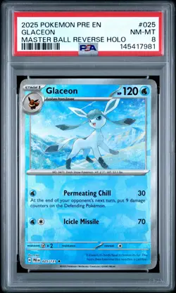 2025 POKEMON PRE EN-PRISMATIC EVOLUTIONS MASTER BALL REVERSE HOLO GLACEON PSA 8 - Image 1