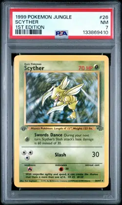 1999 POKEMON JUNGLE 1ST EDITION #26 SCYTHER PSA 7 - Image 1