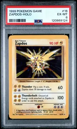 1999 POKEMON BASE SET UNLIMITED #16 ZAPDOS-HOLO PSA 6 - Image 1