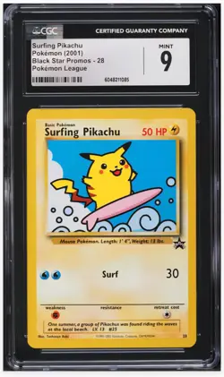 2001 😺 CGC-9 - Surfing Pikachu #28 Black Star Promo Pokemon League - Image 1