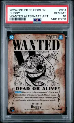 2024 ONE PIECE OP09-EMPERORS IN THE NEW WORLD WANTED ALTERNATE ART BUGGY PSA 10 - Image 1
