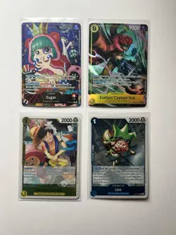 One Piece Card Game Bandai 4 Card Lot - Sugar, Kid, Luffy, Leo - Image 1