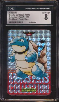 1996 POKEMON BANDAI CARDDASS BLASTOISE RED CARD PRISM HOLO #009 CGC 8! - Image 1