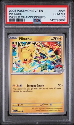 2025 POKEMON SVP EN-SV BLACK STAR PROMO WORLD CHAMPIONSHIPS #225 PIKACHU PSA 10 - Image 1