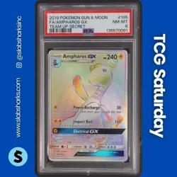 2019 POKEMON SUN & MOON TEAM UP #185/181 AMPHAROS RAINBOW SECRET RARE PSA 8 - Image 1