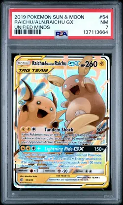 2019 POKEMON SUN & MOON UNIFIED MINDS #54 RAICHU & ALOLAN RAICHU GX PSA 7 - Image 1