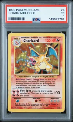 1999 POKEMON BASE SET UNLIMITED #4 CHARIZARD-HOLO PSA 1 - Image 1