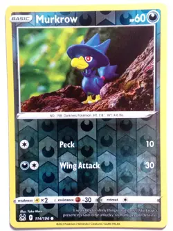 REVERSE HOLO Murkrow 114/196 NM - Yuka Morii Clay Lost Origin Pokemon Card - Image 1