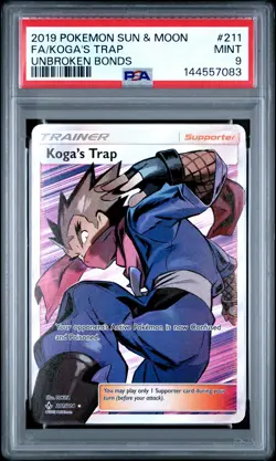2019 POKEMON SUN & MOON UNBROKEN BONDS #211 FULL ART/KOGA'S TRAP PSA 9 - Image 1