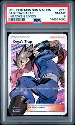 2019 POKEMON SUN & MOON UNBROKEN BONDS #211 FULL ART/KOGA'S TRAP PSA 8 - Image 1