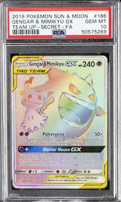 2019 POKEMON SUN & MOON TEAM UP SECRET #186 FULL ART/GENGAR & MIMIKYU GX PSA 10 - Image 1