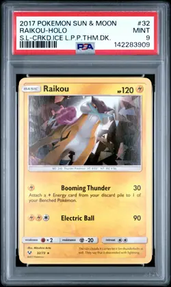 2017 POKEMON SUN & MOON SHINING LEGENDS #32 RAIKOU-HOLO PSA 9 - Image 1