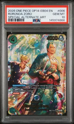 2026 ONE PIECE THE AZURE SEA'S SEVEN SPECIAL ALT ART #006 RORONOA ZORO PSA 10 - Image 1