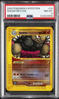 2002 POKEMON EXPEDITION #14 GOLEM-REVERSE FOIL PSA 8 - Image 1