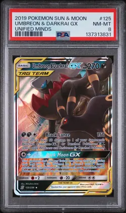 2019 POKEMON SUN & MOON UNIFIED MINDS #125 UMBREON & DARKRAI GX PSA 8 - Image 1