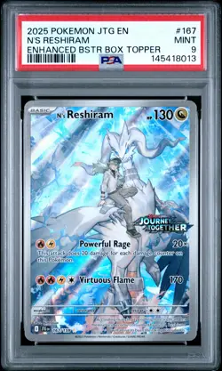 2025 POKEMON JTG ENHANCED BOOSTER BOX TOPPER #167 N'S RESHIRAM PSA 9 - Image 1