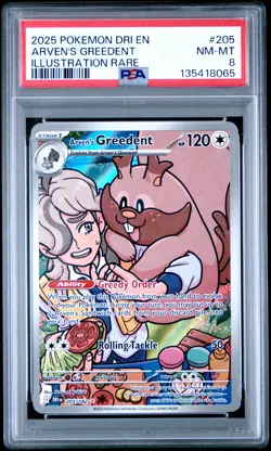 2025 POKEMON DRI EN-DESTINED RIVALS ILLUSTRATION RARE ARVEN'S GREEDENT PSA 8 - Image 1