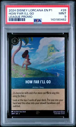 2024 DISNEY LORCANA EN P1-PROMO LEAGUE PROMO #28 HOW FAR I'LL GO PSA 9 - Image 1