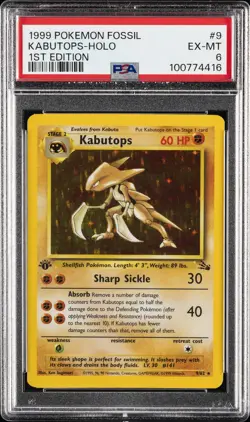 1999 POKEMON FOSSIL 1ST EDITION #9 KABUTOPS-HOLO PSA 6 - Image 1