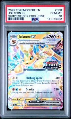 2025 POKEMON PRISMATIC EVOLUTIONS SURPRISE BOX EXCLUSIVE #030 JOLTEON EX PSA 10 - Image 1