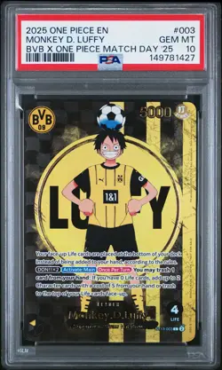2025 ONE PIECE PROMOS BVB X ONE PIECE MATCH DAY 2025 #003 MONKEY D. LUFFY PSA 10 - Image 1