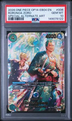 2026 ONE PIECE THE AZURE SEA'S SEVEN SPECIAL ALT ART #006 RORONOA ZORO PSA 10 - Image 1