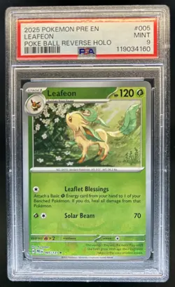 2025 Pokemon Prismatic Evolutions Leafeon Reverse Holo Poke Ball #005/131 PSA 9 - Image 1