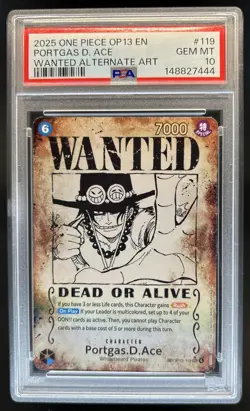 2025 One Piece Portgas D. Ace Secret Rare Wanted Alt Art #OP13-119 PSA 10 - Image 1