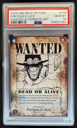 2025 One Piece Portgas D. Ace Secret Rare Wanted Alt Art #OP13-119 PSA 10 - Image 1