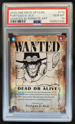 2025 One Piece Portgas D. Ace Secret Rare Wanted Alt Art #OP13-119 PSA 10 - Image 1