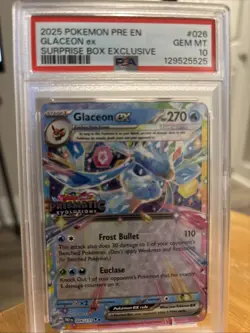 Pokemon TCG Prismatic Evolutions Glaceon EX Card 026 Stamped Surprise Box PSA 10 - Image 1