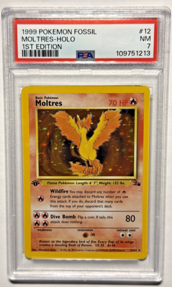 1999 Pokemon Card Game Fossil Moltres 1st Edition Holo Rare 12/62 PSA 7 NM - Image 1