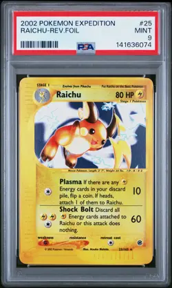 2002 POKEMON EXPEDITION #25 RAICHU-REVERSE FOIL PSA 9 - Image 1