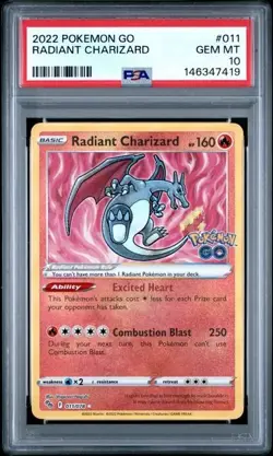 PSA 10 GEM MINT Radiant Charizard #011 Pokemon Go Card 2022 - Image 1