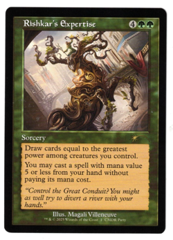 MTG RISHKAR'S EXPERTISE COMMANDER PARTY RETRO FRAME PROMO GREEN SORCERY NM DRAW - Image 1