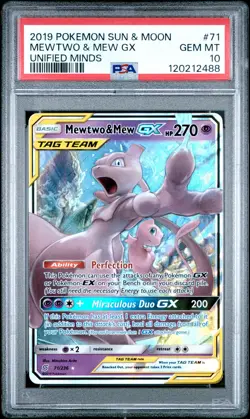 2019 POKEMON SUN & MOON UNIFIED MINDS #71 MEWTWO & MEW GX PSA 10 - Image 1