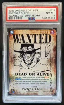 2025 One Piece Portgas D. Ace Secret Rare Wanted Alt Art #OP13-119 PSA 8 - Image 1
