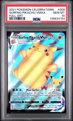 2021 POKEMON CELEBRATIONS #009 FULL ART/SURFING PIKACHU VMAX PSA 10 GEM MINT - Image 1