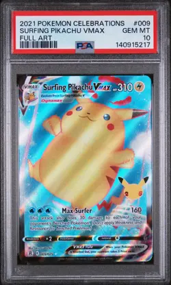 2021 POKEMON CELEBRATIONS #009 FULL ART/SURFING PIKACHU VMAX PSA 10 - Image 1