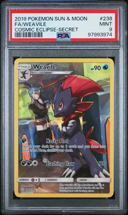 2019 Pokemon Sun and Moon Cosmic Eclipse Secret Rare Weavile #238 PSA 9 - Image 1